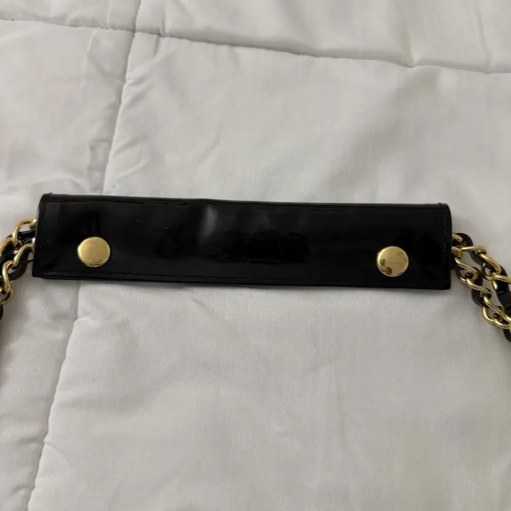 St. John Tote Bag Large Black Patent Leather Embossed Gold Chain Straps - Picture 3 of 11